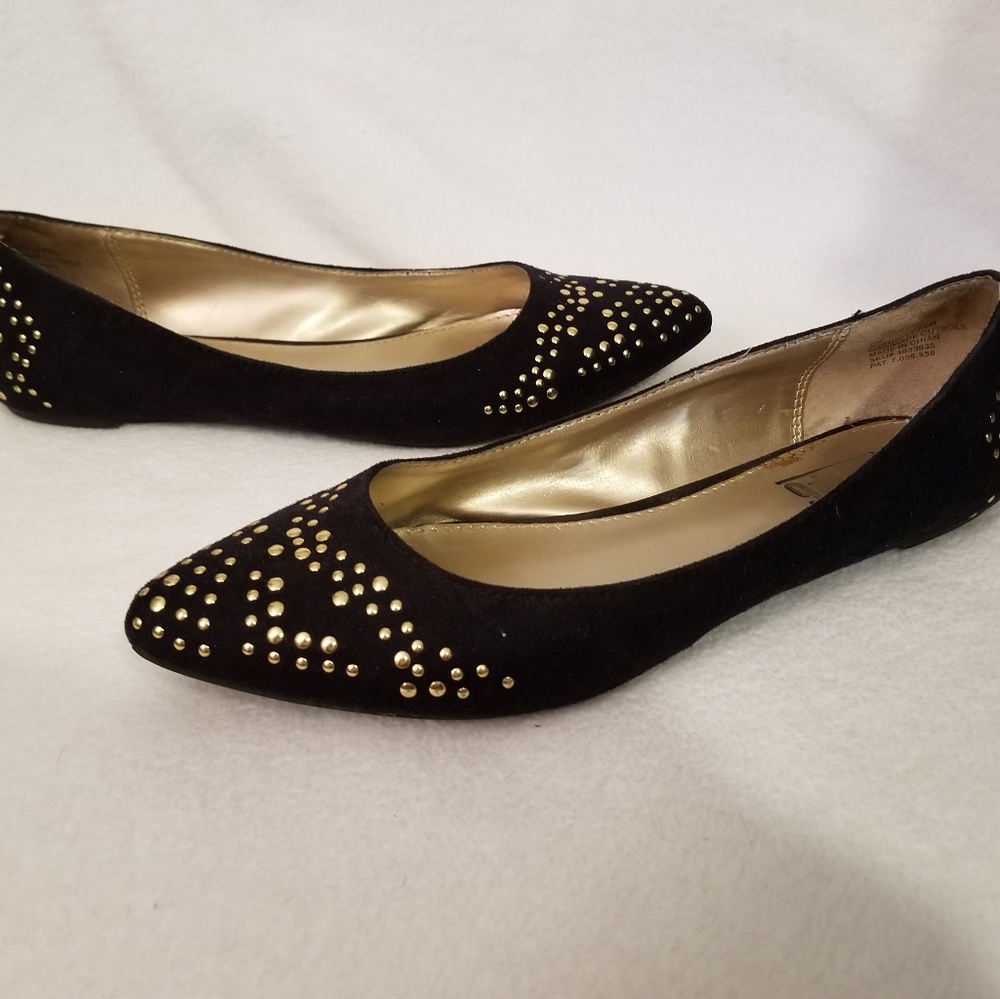 Black Pointy Toe Flats with Gold Studs